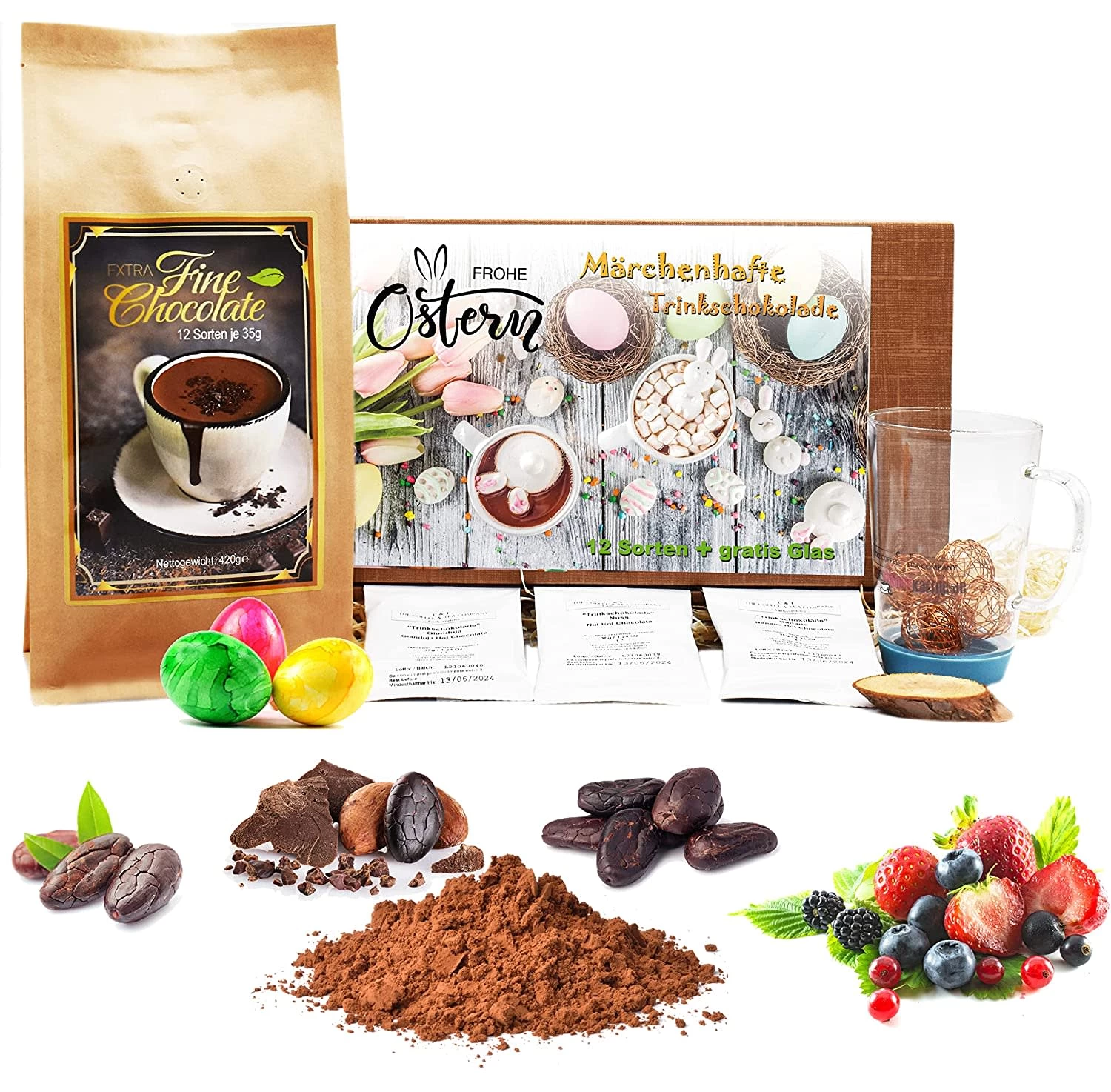 Trinkschokolade Geschenkset | 12x Fruchtige Sorten + Trinkglas 3 Trinkschokolade Geschenkset | 12x Fruchtige Sorten + Trinkglas