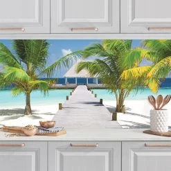 Küchenrückwand - Catwalk To Paradise In Blau -Heimdekoration Verkäufe wallart kuchenruckwand catwalk to paradise in blau 1